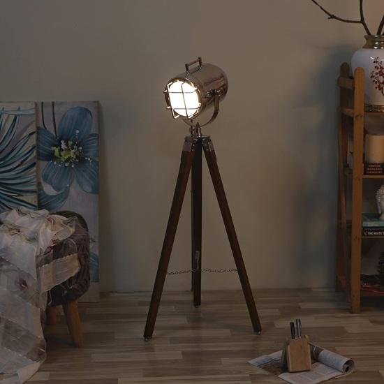 93.98 cm Wooden Tripod Nickel Spotlight Lamp Industrial Nautical Searchlight for Home, Office, Livingroom, Bedroom, Diningroom Decor