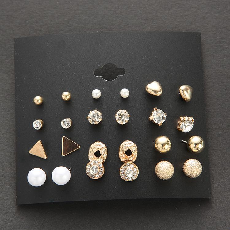 Chic Zircon Crystal Stud Earrings - Set of 12 Pairs