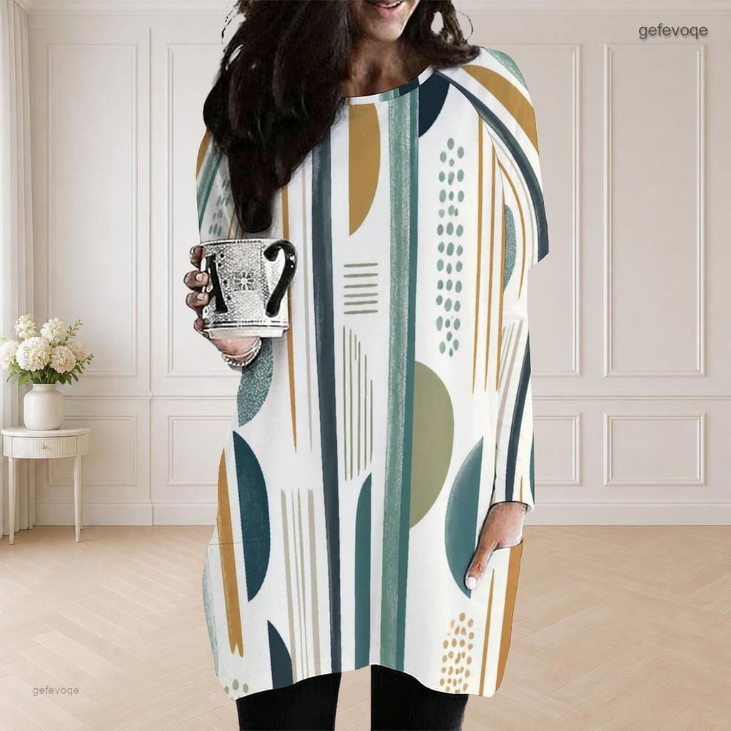 Women Plus Size Round Neck Long Sleeve Pink Black Geometric Printed Loose Longline Top With Pockets
