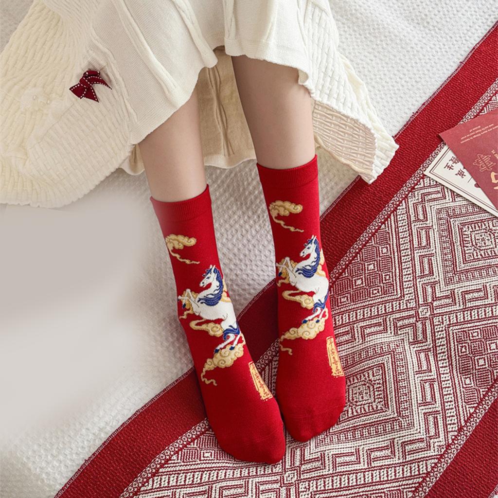 Chinese Horse Year Fortune Theme Middle Calf Cotton Socks Matching Pair For Couples Breathable Winter Footwear