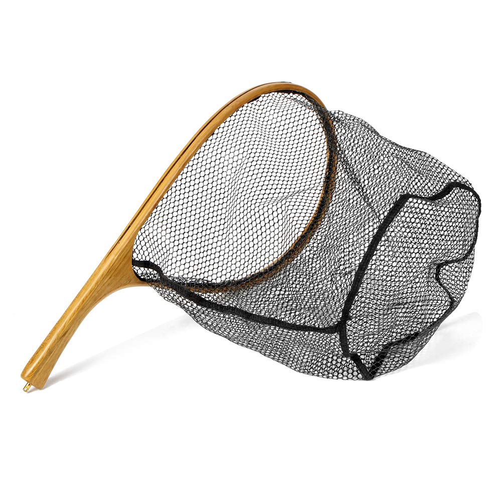 Yoomoo Fly Landing Net, Wooden and Rubber Net, Curved Pattern, for Mountain Stream Fishing, 3.5kg Neodymium Magnet (Crank, Handle, Large, White)
