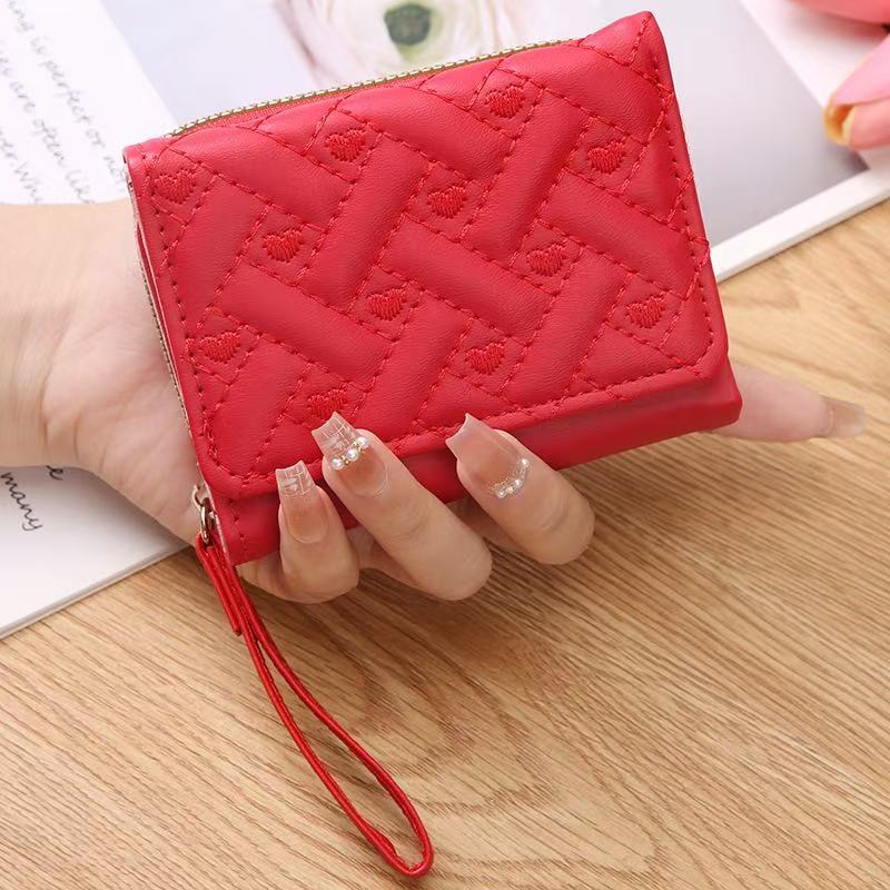 New Korean Version Fashionable Heart-shaped Embroidered Women's Short Zipper Wallet Clutch Bag Solid Color Simple Change Bag Card Bag
