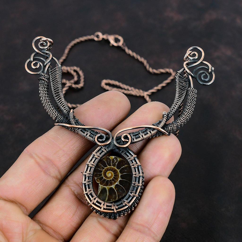 Ammonite Fossil Necklace Copper Wire Wrapped Necklace Handmade Copper Wire Jewelry Gemstone Necklace Ammonite Fossil Jewelry Gifts For Women