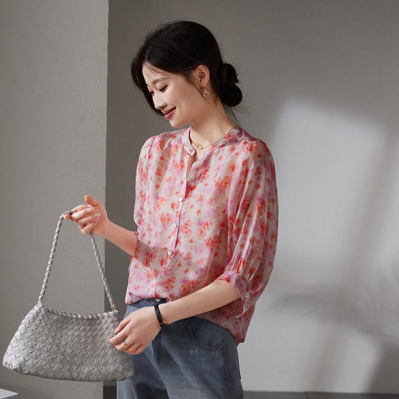 SOFSIL 2026 Summer Elegant Printed Silk Seven-Sleeve Shirt
