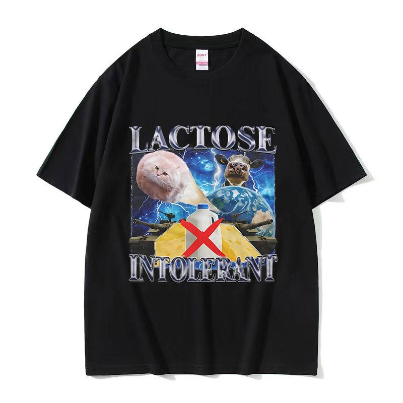 Lactose Intolerant Funny Cat Meme Graphic Tee Shirt Unisexs Vintage Fashion Cotton Clothing Short Sleeve TShirts Streetwear S