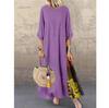 Cotone Lino Vintage Lungo Abiti Donna Tre Quarti Maniche Splicing Stampa A-line Largo Vestito Moda Casual Signora Maxi Vestido