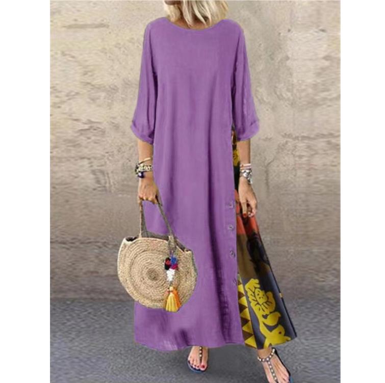 Cotone Lino Vintage Lungo Abiti Donna Tre Quarti Maniche Splicing Stampa A-line Largo Vestito Moda Casual Signora Maxi Vestido