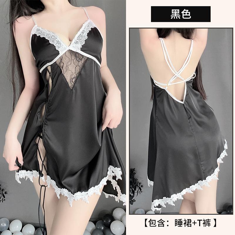 

Сексуальный кружевной соблазнительный топ на бретельках и тонкая пижама с разрезом и юбкой на подтяжках комплект домашней одежды M (80-55 kg) чёрный