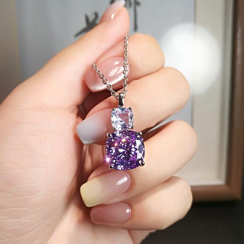 Ice Flower Cut Purple Stone Square Pendant, High-Grade Pink Diamond Quadrilateral High Carbon Diamond Super Flash Necklace, Female