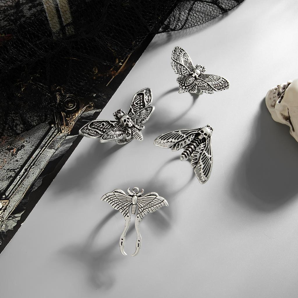 Creative Halloween Skull Butterfly Ring, Gothic Diablo Moth Wings Ring Set