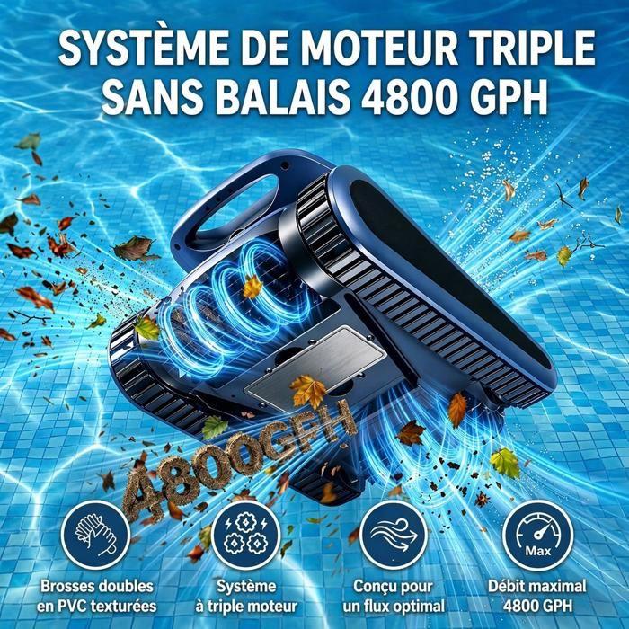 Robot Piscine sans Fil, Nettoie Sol/Parois/Ligne d’eau, 180Min&200m² d'Autonomie, Robot Aspirateur, Filtration Ultra-Fine, avec APP
