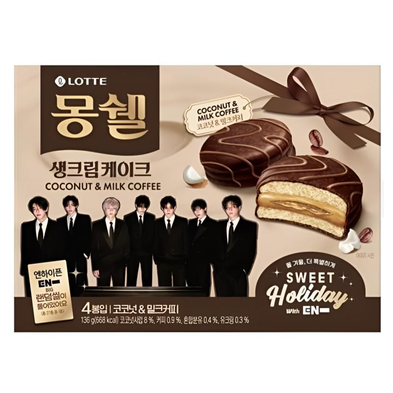 Lotte Moncher Coconut & Milk Coffee Flavor 136g – Soft Chocolate Cake with Coconut Cream + ENHYPEN Random Sticker