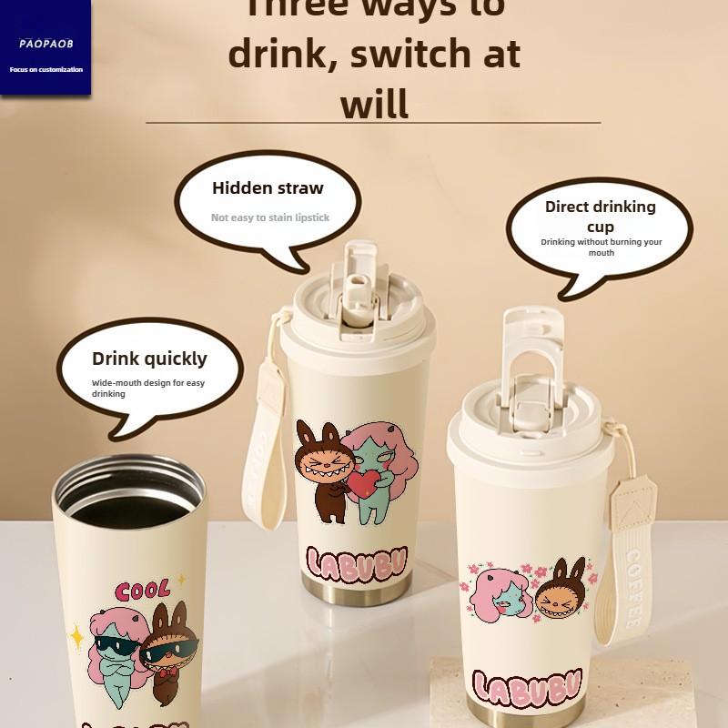 Tecknad Rostfri Stålkopp Högvärdig Termosmugg 3D Dubbel Drickstrå Kaffekopp