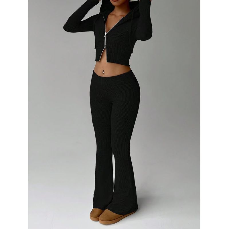 Western Style New Solid Slim fit Zip-up hood Top Casual Pants Two-piece Set Top and Pants Set