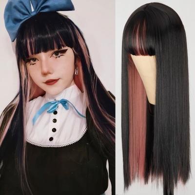 Rosa und schwarze Perücke, zwei Lagen Perücken, langes glattes Haar, Cosplay-Perücke, zweifarbig, Ombre-Farbe, Damen-Kunsthaar-Perücken