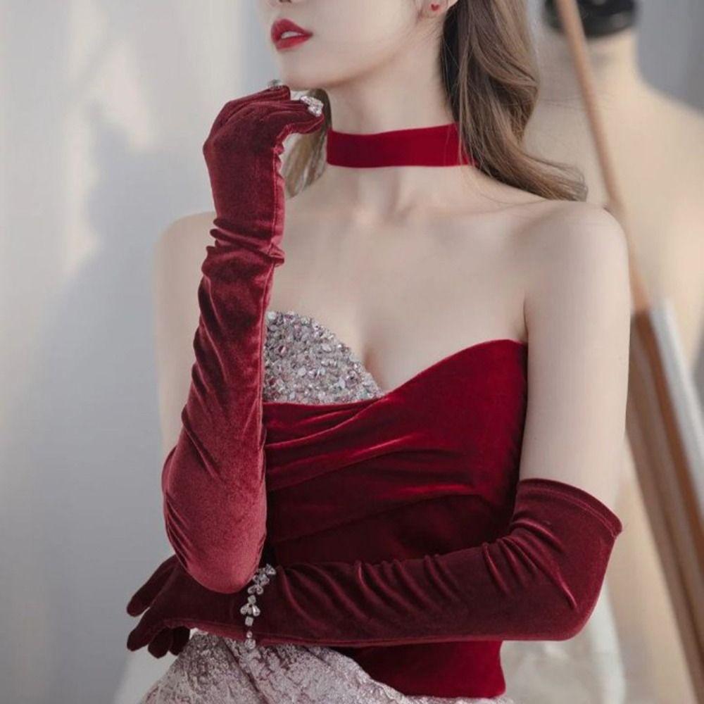 Plush Party Gloves Cosplay Long Gloves Retro Golden Velvet Gloves Dinner Dress