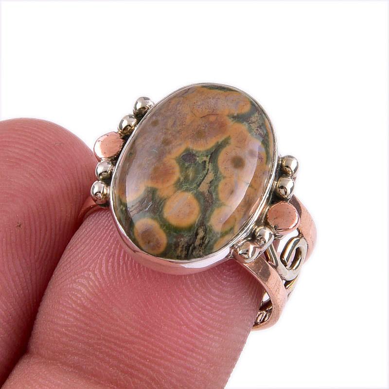 

Natural Ocean Jasper Gemstone 925 Solid Sterling Silver Two Tone Ring S.7.5 k6c89