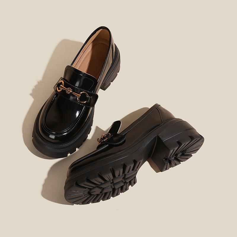 Wind Platform Women's Autumn Thick Heel College Small Leather Shoes Black Soft Leather Thick Heel Single Shoes