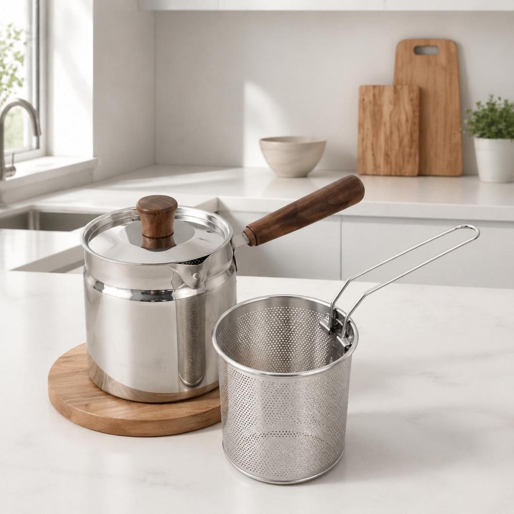 Stainless Steel Frying Pot Uncoated with Wooden-Look Handle Stovetop
