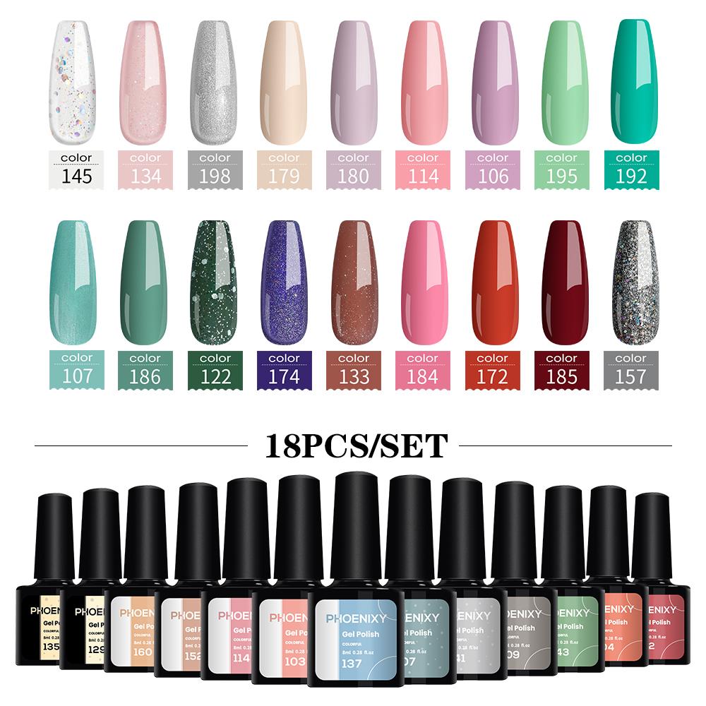 PHOENIXY 18pc 8ml Gel Nial Polish Kit Semi Permanent Nail Gel Polish Need Top Base Coat UV Gel For Nail Art Design