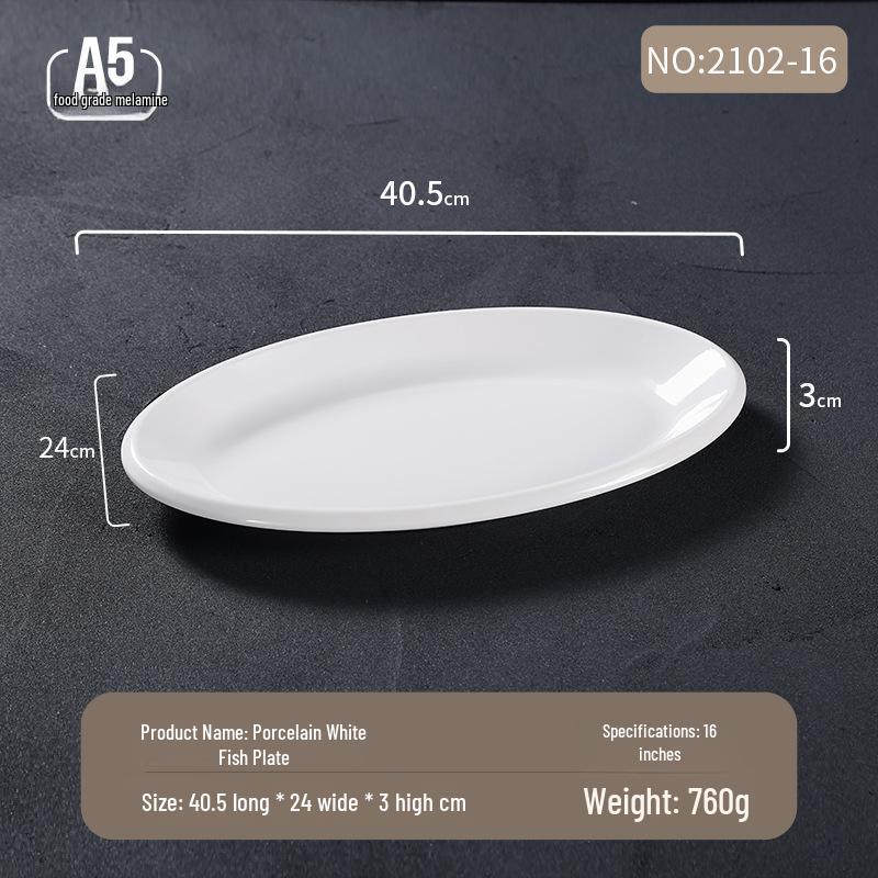 Melamine White Oval Fish Plate – Thickened Imitation Porcelain, 16-inch Large for Hotels