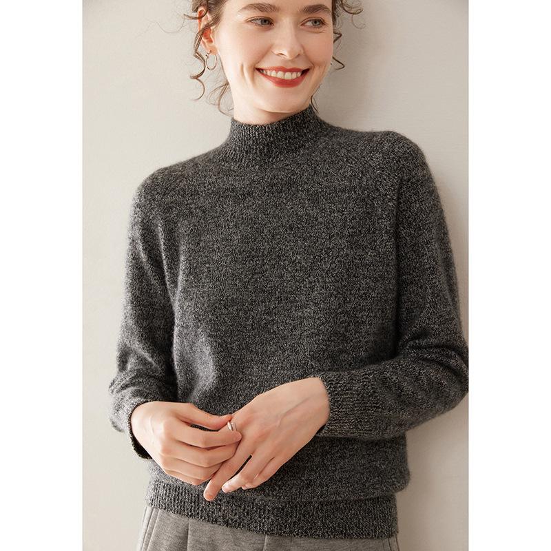 Women's Cashmere Floral Raglan Sweater, Double-Ply, Half-High Collar, Luxurious Knit