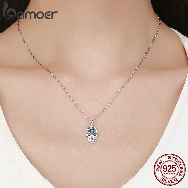 BAMOER Genuine 925 Sterling Silver Trendy Fatima's Guarding Hand Pendant Necklaces