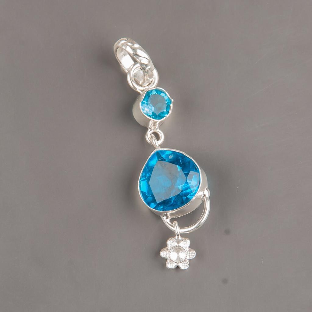 Swiss Blue Topaz Gemstone 925 Sterling Silver Jewelry Handcrafted Pendant 2.00" PP-5-6