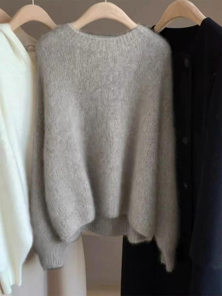 Women's Soft Wool-Cashmere Round Neck Loose Knit Sweater Cardigan