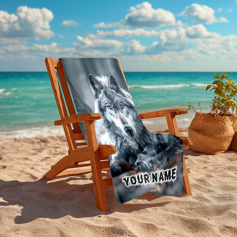 1PC Custom Name Wolf's Majestic Presence Beach Towel Highly Absorbent And Sand-Resistant Towel for Swimming, Pool, Yoga, And Travel Lightweight