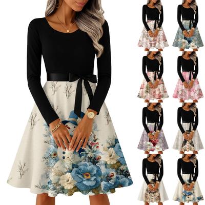 שמלות מקסי וינטג' מודפסות לחג המולד לנשים, אופנה קז'ואל, צווארון עגול, שרוולים ארוכים, למסיבה