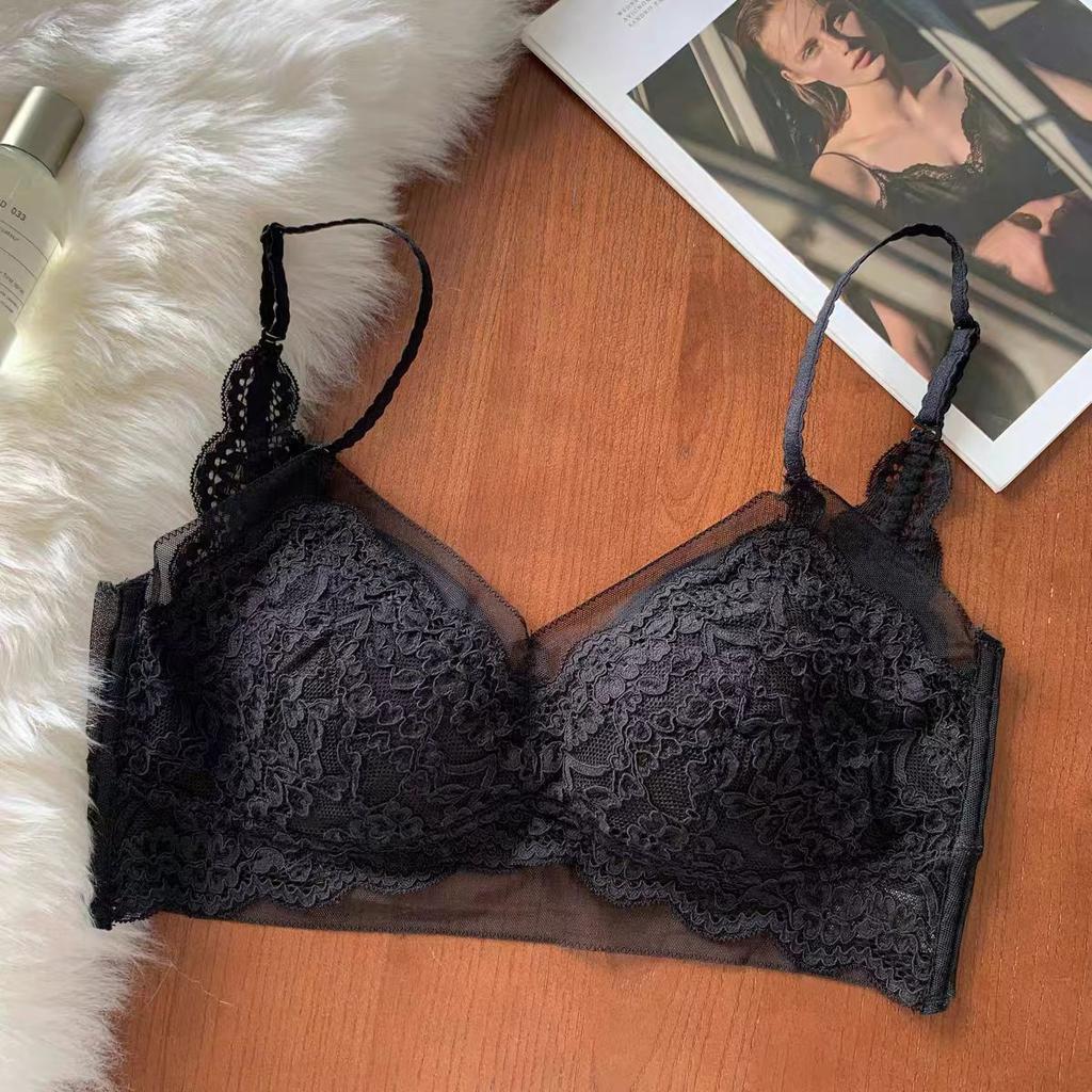Lace gathers female college students, popular beautiful back, no steel ring, big chest, small non-running cup, skin-friendly and breathable bra