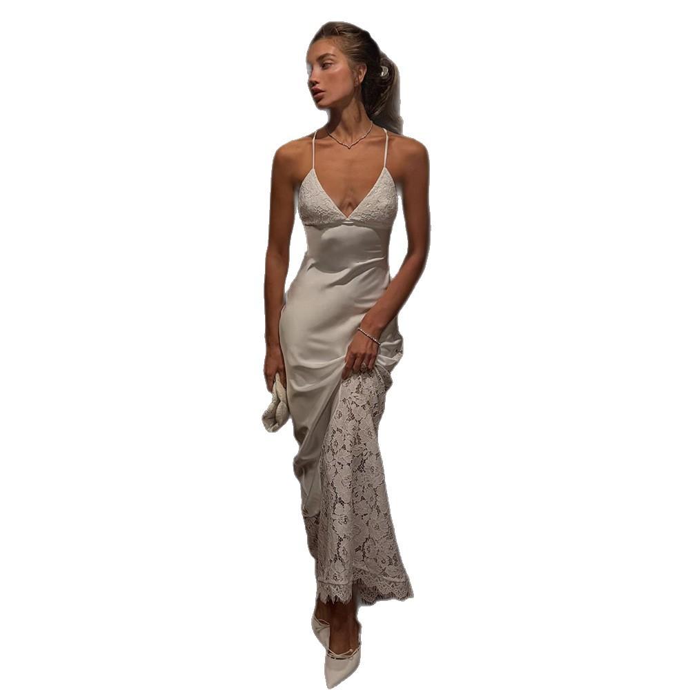 European and American Style Women's Clothing New French Light Luxury Low Neck Sexy Lace Splicing Suspender Dress Wholesale