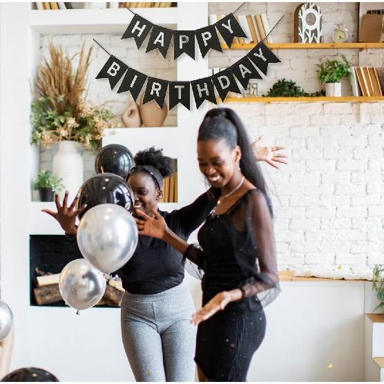 Black Silver Happy Birthday Banner Sign Decorations for Boys Girls Men Women 16th 18th 21st 30th 40th 50th 60th 70th 80th Streamers Party Garland