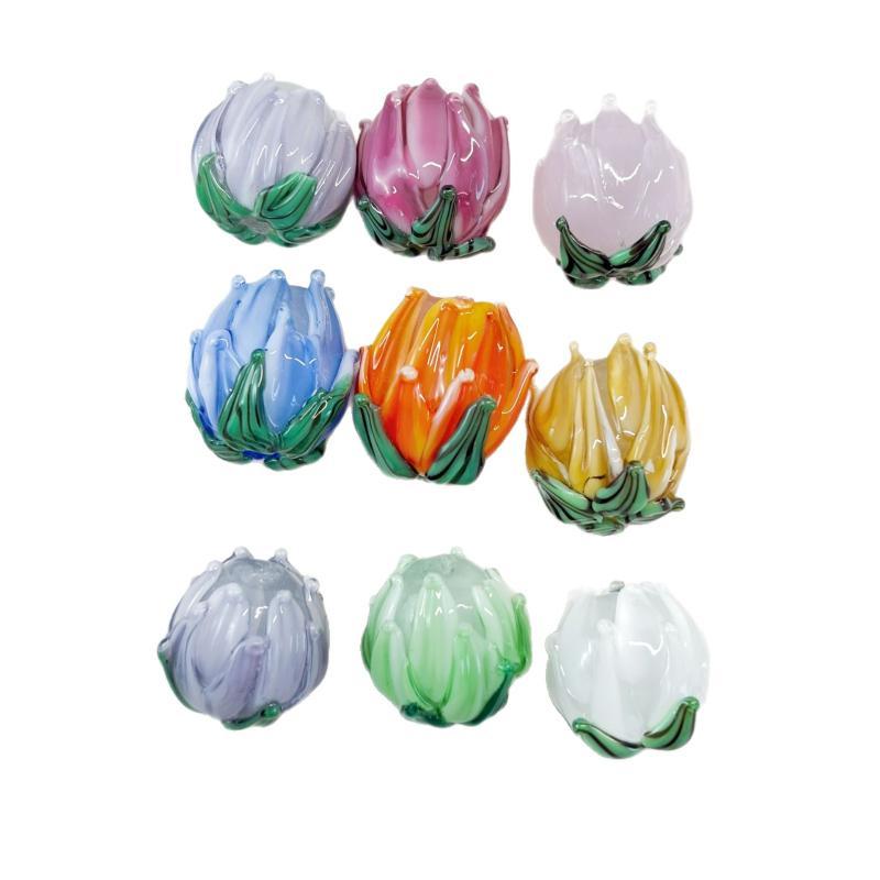 2Pcs Hand Painted Lampwork Glass Flower Bud Beads Vintage Tulip Loose Beads For Diy Bracelet Necklace Phone Chain Jewelry Making