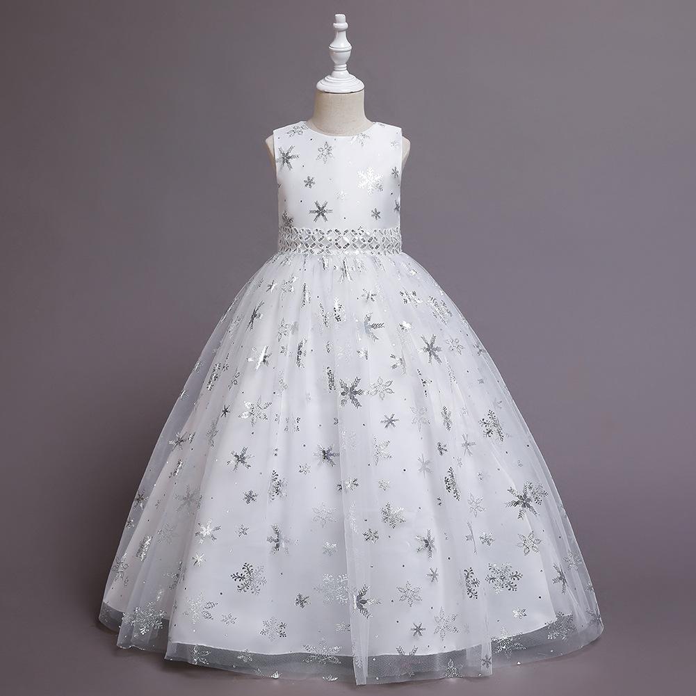 

Summer Spring Autumn Kids Teen Girl Dress Sleeveless Snowflake Embroidery Mesh Princess Dresses Children Tutu Flower Girls Kid Party Ball Gown 160cm