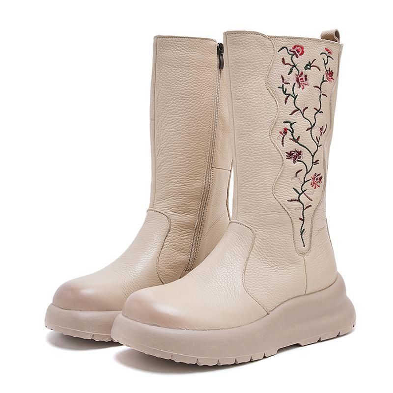 Fashion GKTINOO Embroidery Genuine Leather Women's Long Boots Handmade Thick Sole Booties Wedges Women's Shoes Platform Mid-Calf Boots