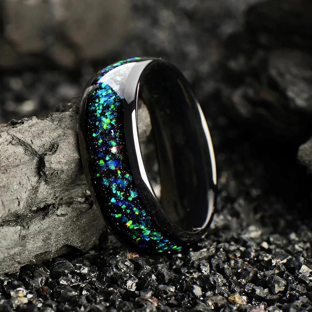 Unique Wood Men Stainless Steel Rings Women Meteorite Inlay Wedding Engagement Jewelry Personality Fashion Unisex Steel Ring