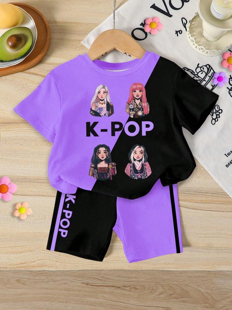 Summer Kpop Popular Cartoon Print Children Clothing Short Sleeve Shorts Set Featuring Casual Harajuku Children Clothes Girl Set