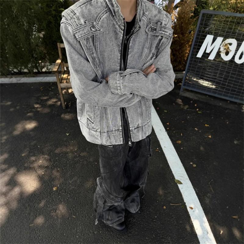 Mens Denim Jacket Heavy Stitching Design Retro Streetwear Loose Fit Stand Collar Casual Outerwear