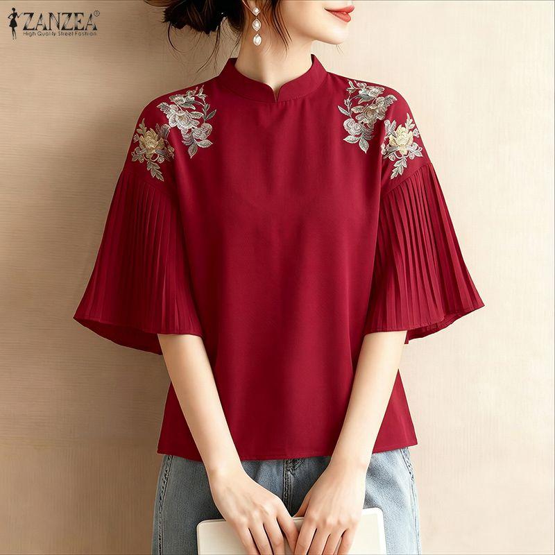 ZANZEA Women Casual Stand Collar Loose Pleated 3/4 Sleeve Print Blouse