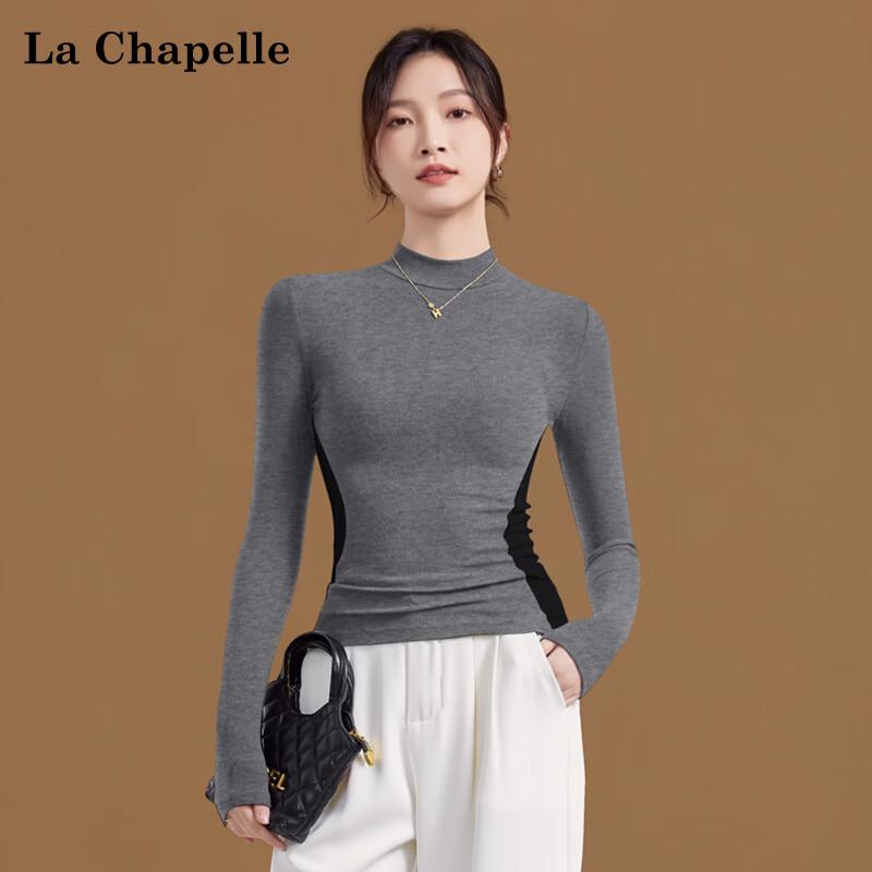 La Chapelle Women s Ribbed Semi-High Collar Color-Blocked Long-Sleeve T-Shirt L