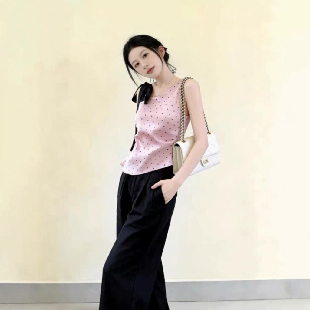 Korean sweet pink polka dot slanted shoulder sling vest women's new design sense beautiful straps beautiful top