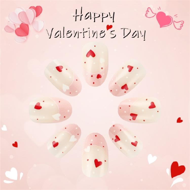 24 Stück Valentinstag Press-On-Nägel Herz Künstlicher Nagel Französische Spitze Falscher Nagel Kurz Oval Aufkleb-Nagel für Party