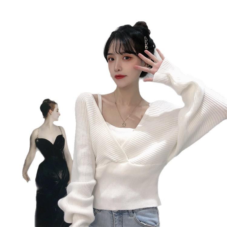 Design Sense Niche Autumn and Winter New Fake Two-piece Sweater Scheming Short V-neck Long-sleeved Knitted Sweater Women