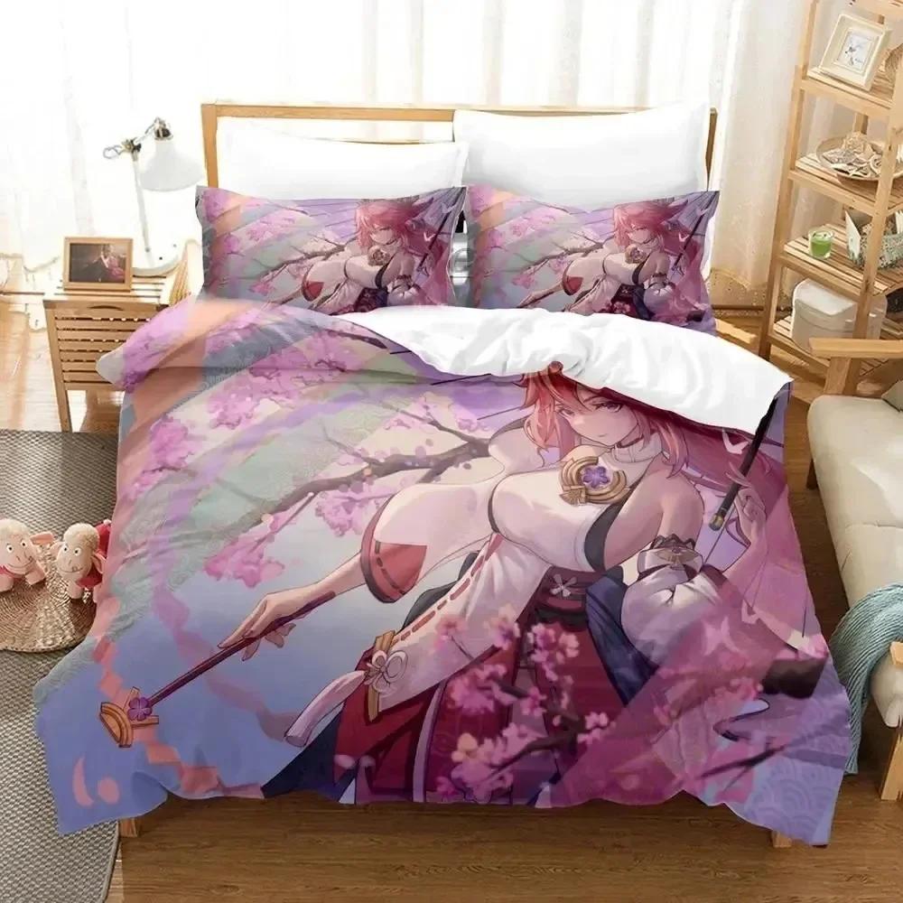 Luxury New 3D Print Anime Genshin Impact Yae Miko Game Bedding Set Duvet Cover Bed Set Quilt Cover Pillowcase Queen Boys Adult