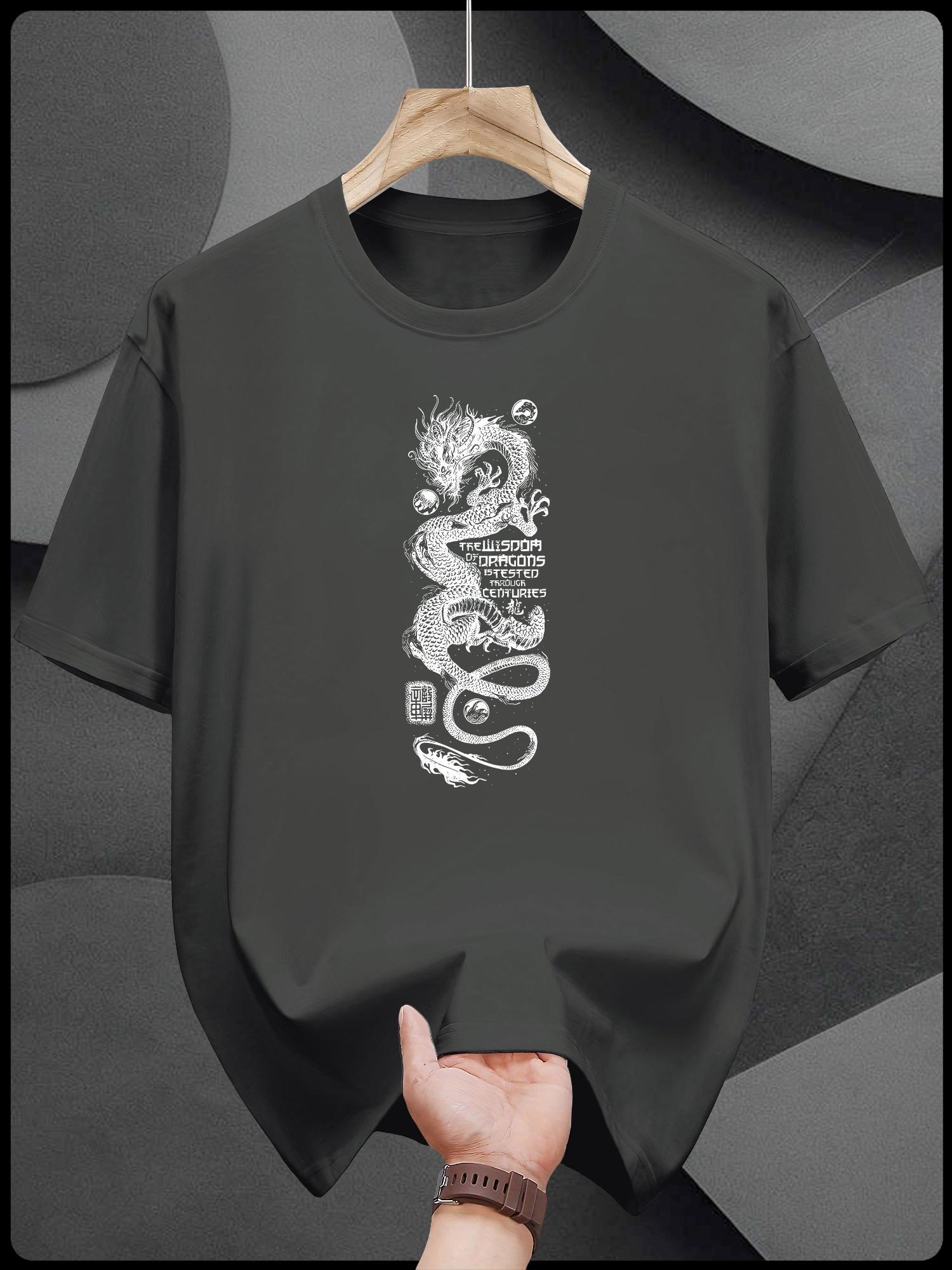 Casual Short Sleeve T-shirt with Dragon Print - Breathable Summer Tee L