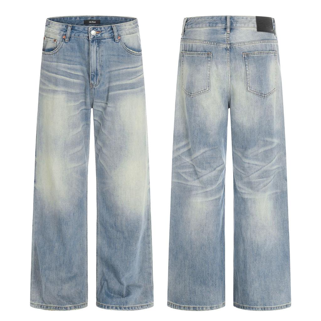 American retro washed blue jeans men's and women's cat whiskers cleanfit indentation loose casual floor mopping trousers