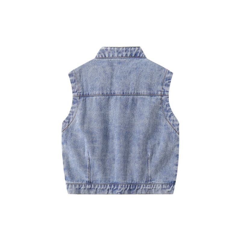 Spring and Autumn Boys' Stylish Denim Vest Children's Clothing Kids' Stand Collar Cardigan Baby Sleeveless Solid Color Jacket