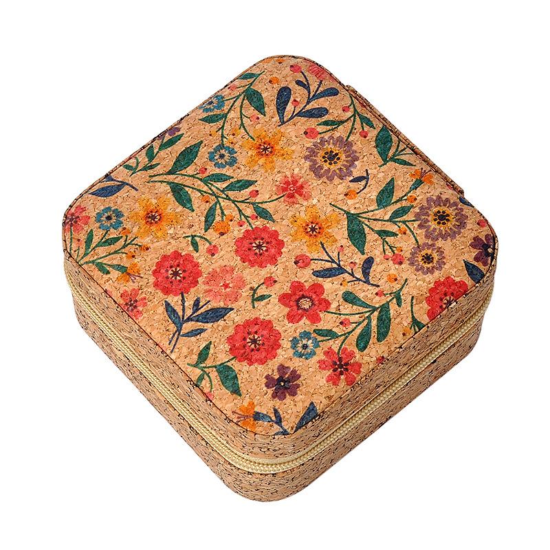 Luxurious Simple Square Multifunctional Portable Travel Jewelry Box High-Grade Leather Floral Pattern Zipper Closure